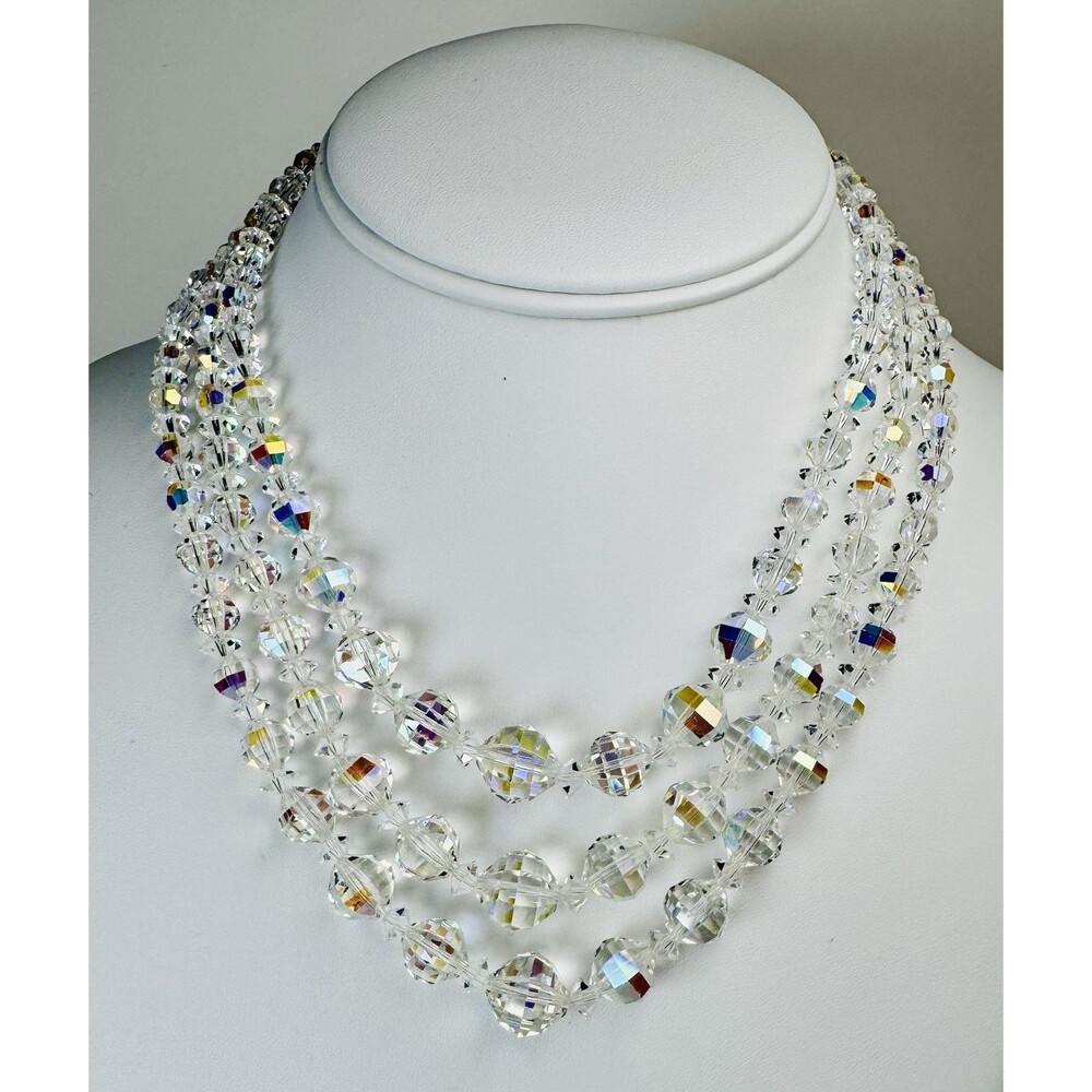 Vintage Aurora Borealis Triple Strand Faceted Bead Necklace 1950s-60s MCM 16”